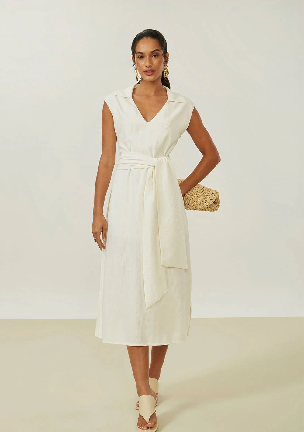 Vestido Maria.Valentina Solto Decote V Sem Manga Midi Off White