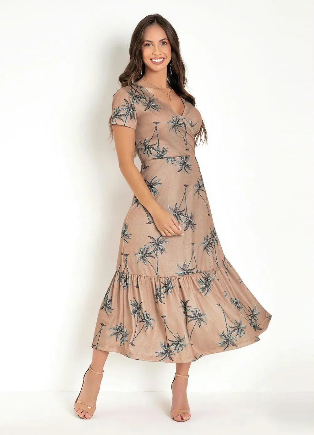 Moda Pop - Vestido Folhagem Nude Manga Curta e Babado Barra