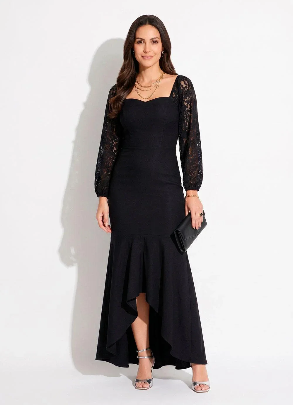 Quintess - Vestido Longo Preto Mangas em Renda