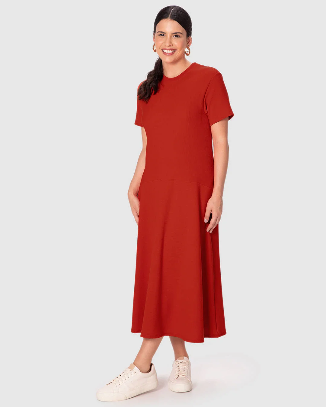 Vestido Midi Feminino Amplo Recorte Frontal Em Malha Canelada Texturizada