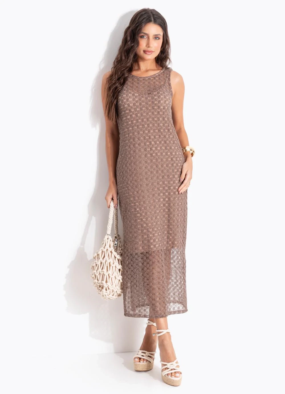 Quintess - Vestido Marrom em Malha Crochet