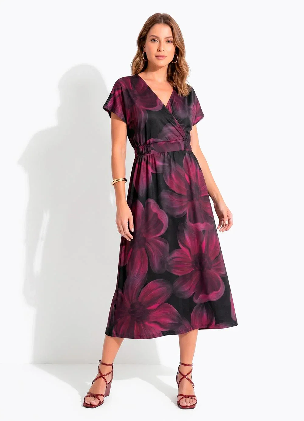 Quintess - Vestido Floral Bordô em Malha Fria