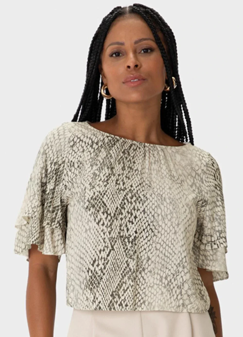 Enfim - Blusa Ampla Animal Print em Viscose Cinza Esverde