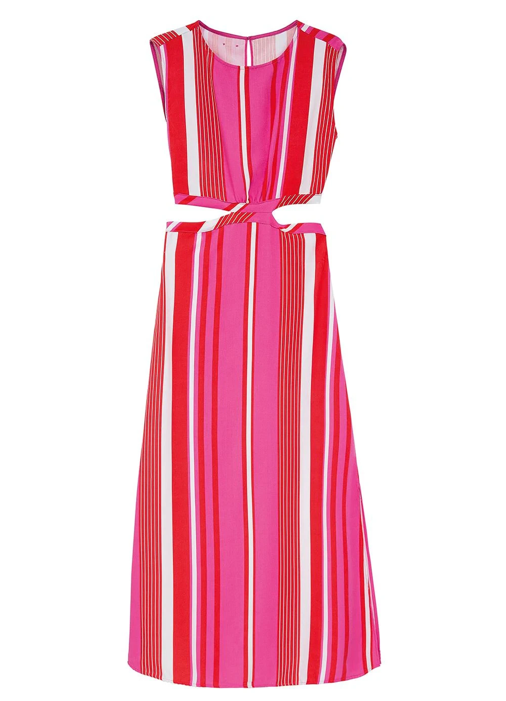 Enfim - Vestido Listrado Mídi Reto Cut Out Rosa
