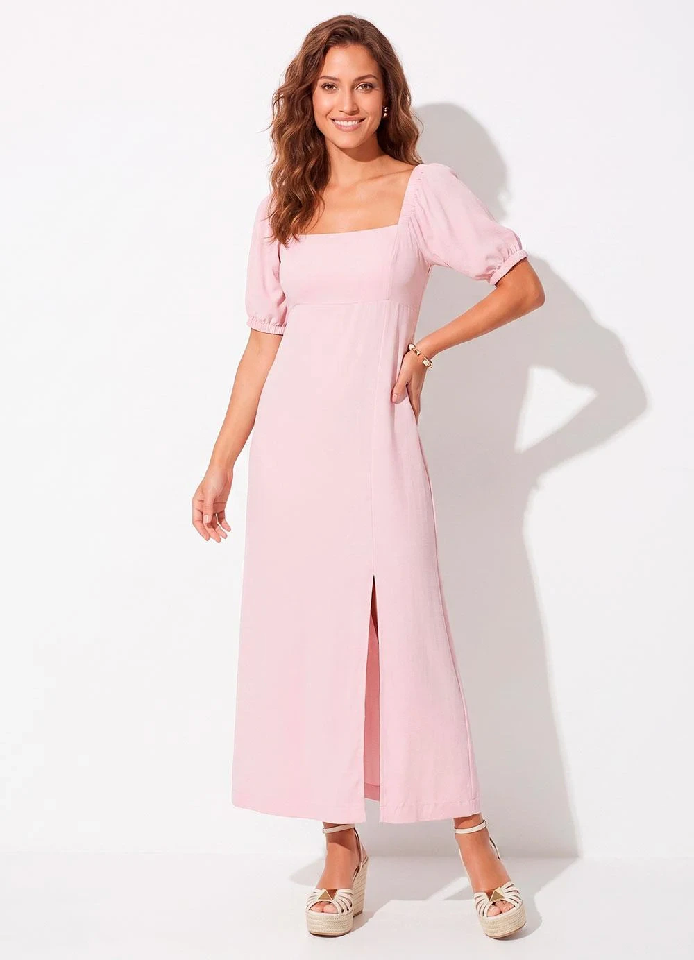 Quintess - Vestido Rosa em Viscose Plana Sarjada