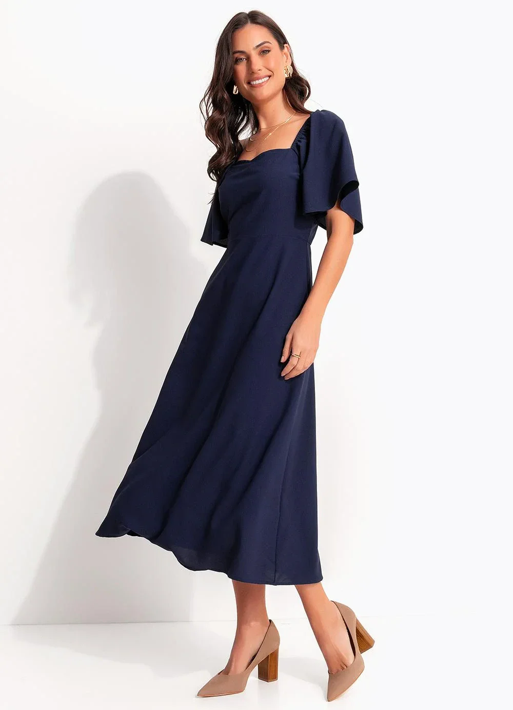 Quintess - Vestido Azul Marinho em Crepe Plano