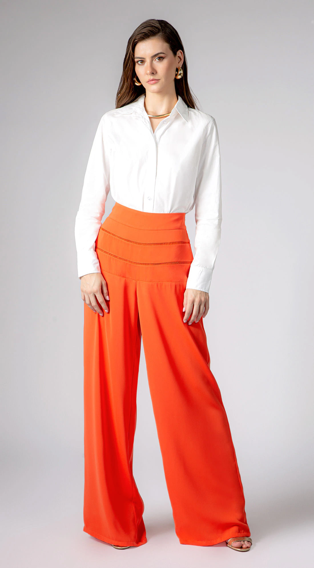 Calca Maria.Valentina Pantalona Cós Alto Detalhe Entremeio Laranja