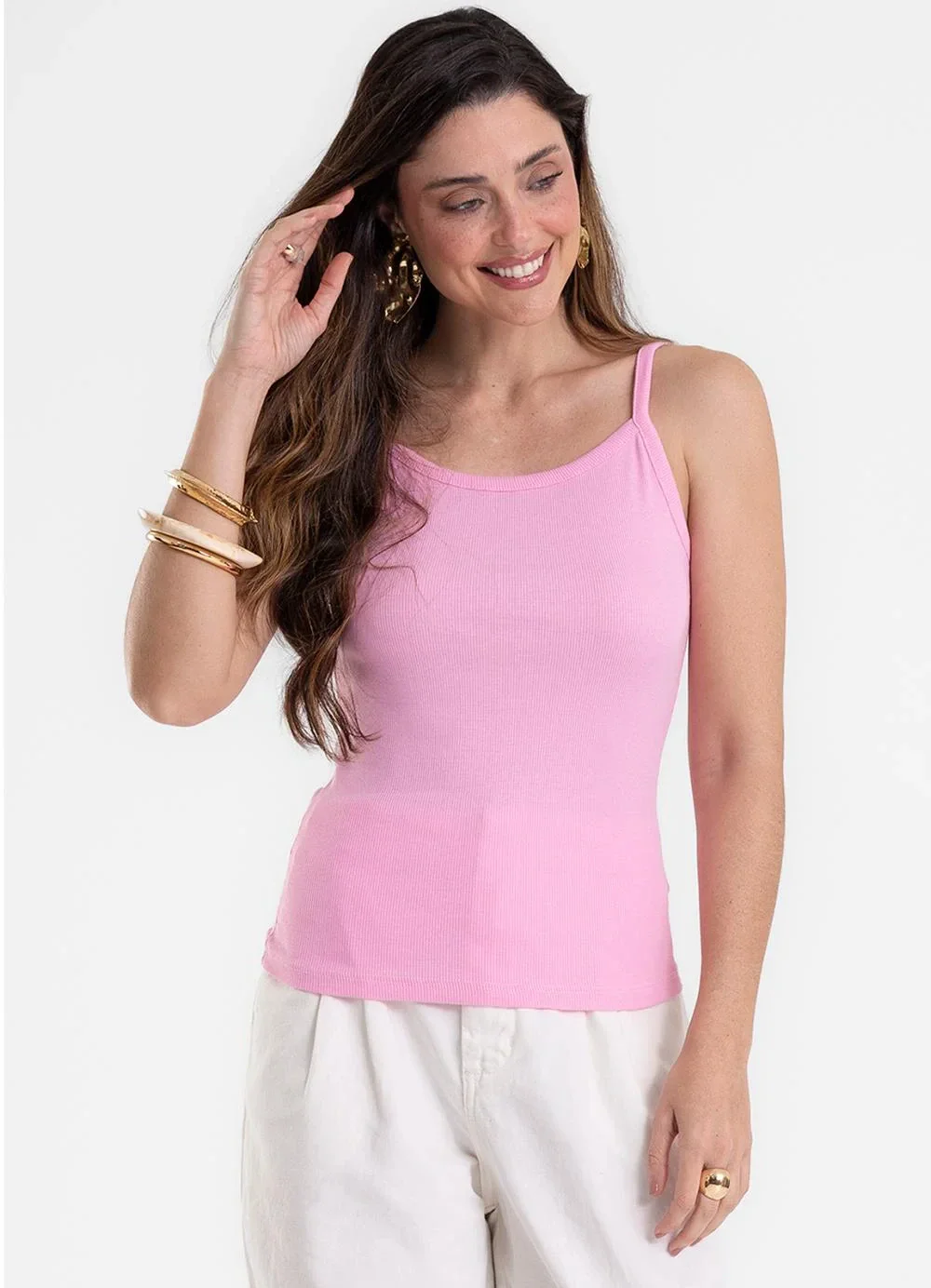 Rovitex - Blusa de Alça Feminina Justa em Ribana Rosa