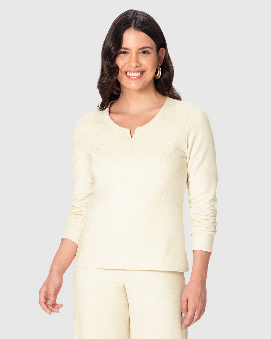 Blusa Feminina Decote Duplo V Manga Longa Em Moletom Linho