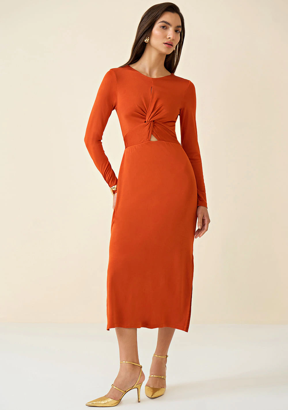 Vestido Maria.Valentina Midi Decote Redondo Torção Frente Laranja
