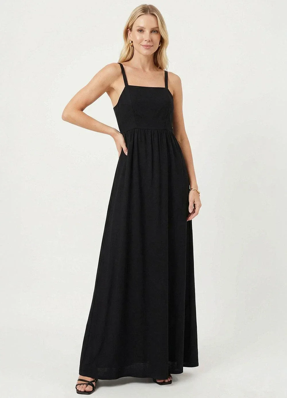 Marialícia - Vestido Longo Feminino Alças Ajustáveis Preto