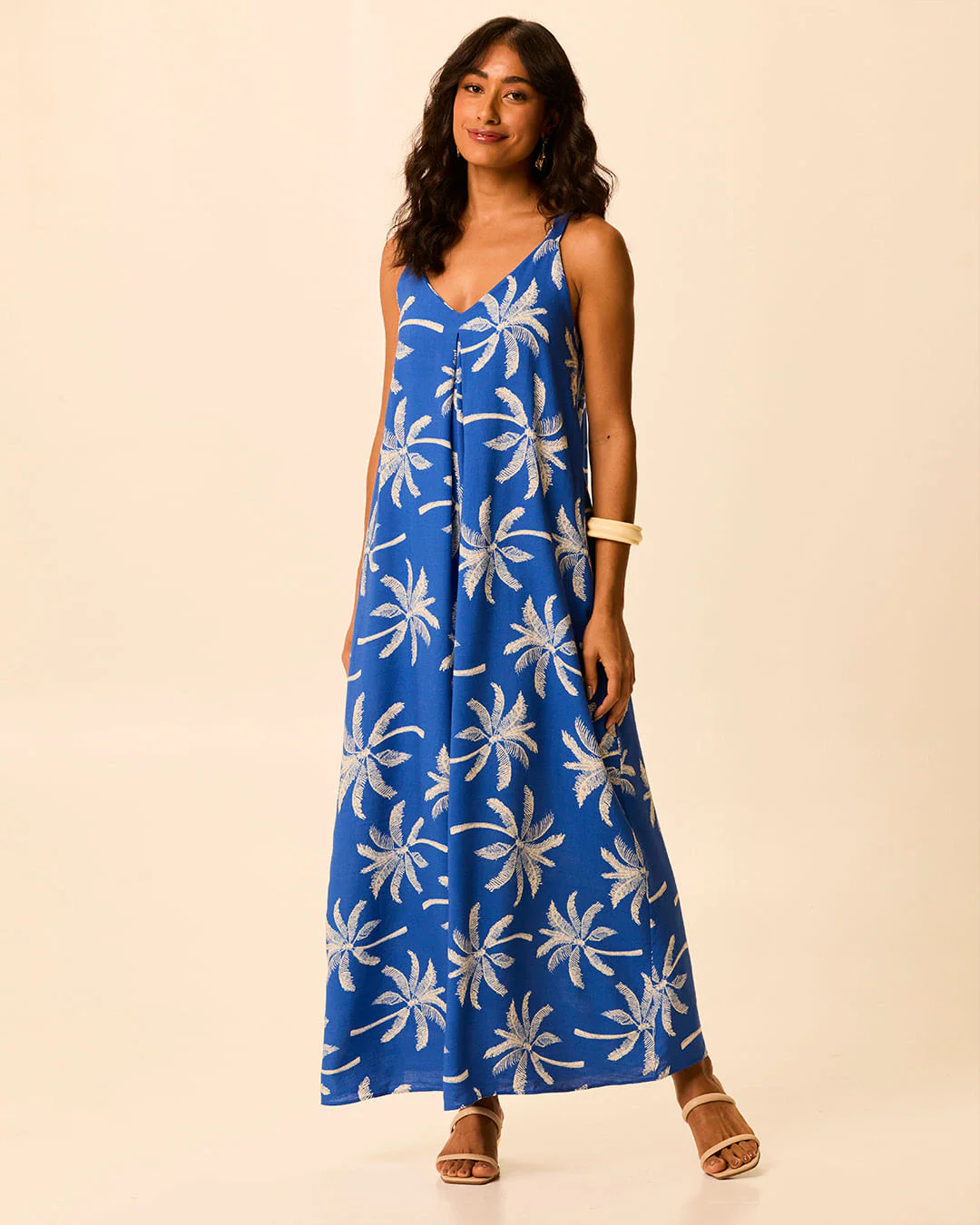 Vestido Longo Feminino Evasê Decote V Em Viscolinho Texturizado
