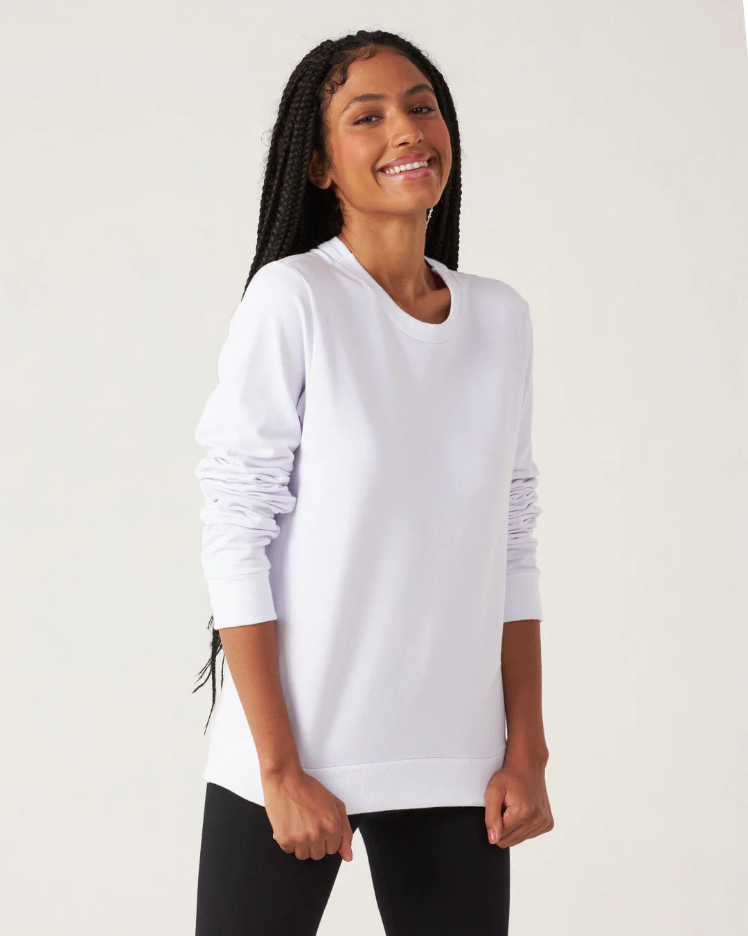 Blusão Básico Feminino Decote Redondo Em Moletom Stretch Flanelado
