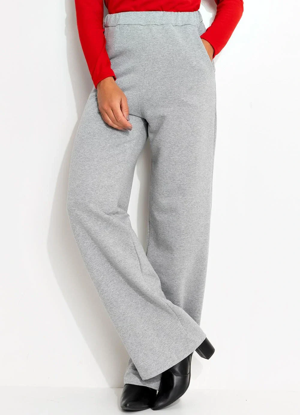 Moda Pop - Calça Pantalona Mescla com Bolsos Funcionais