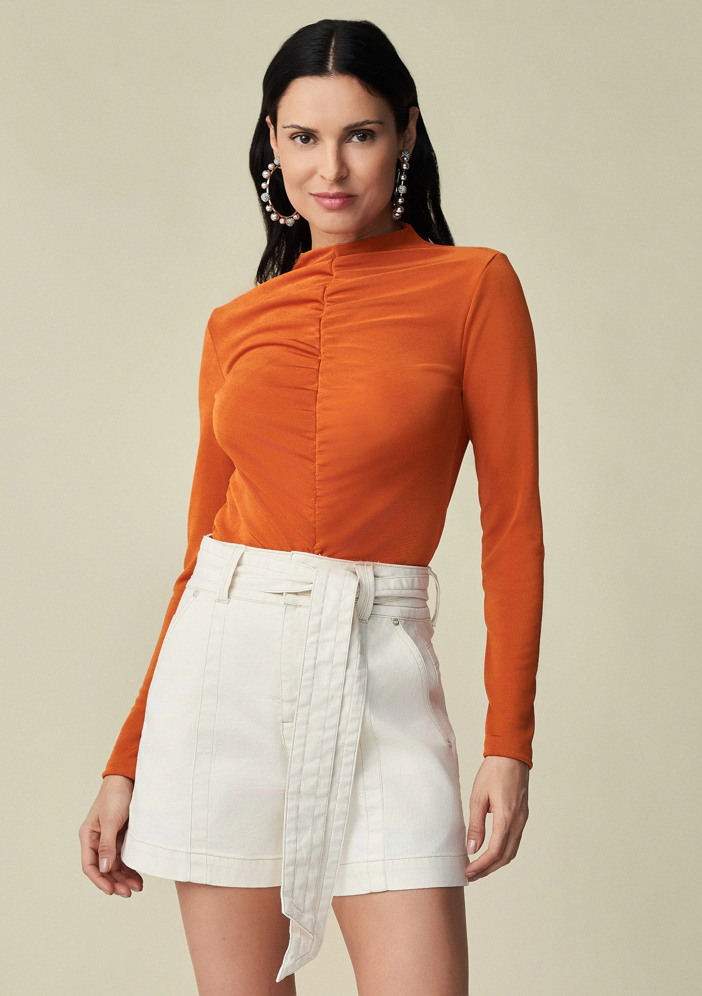 Blusa Maria.Valentina Gola Alta Manga Longa Detalhe Frente Com Drapeado Laranja