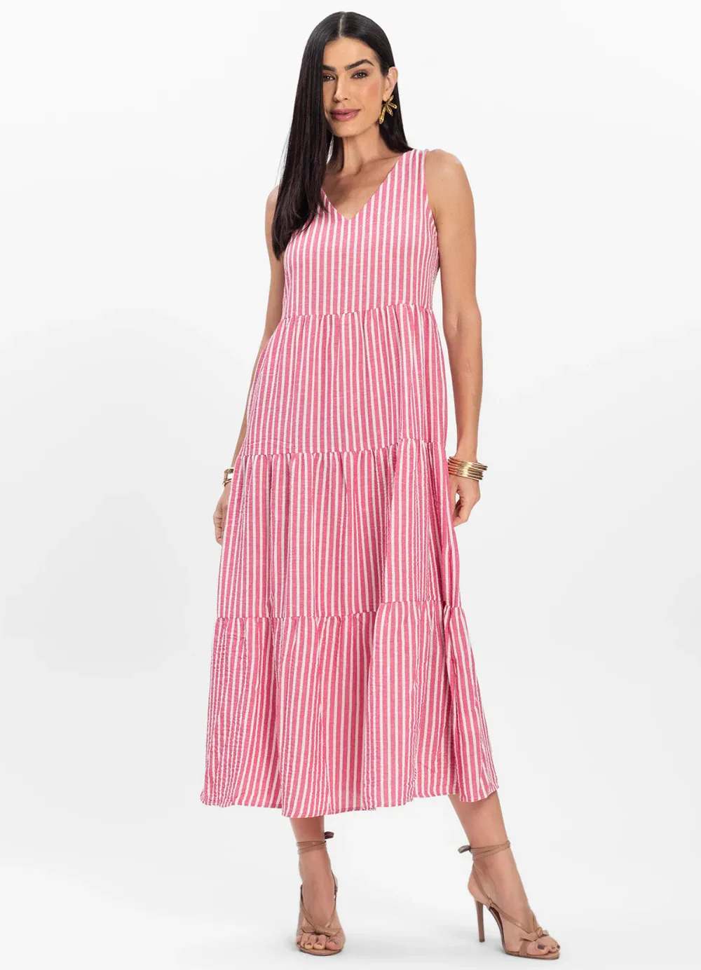 Rovitex - Vestido Midi Listrado Decote V Aishty Rosa
