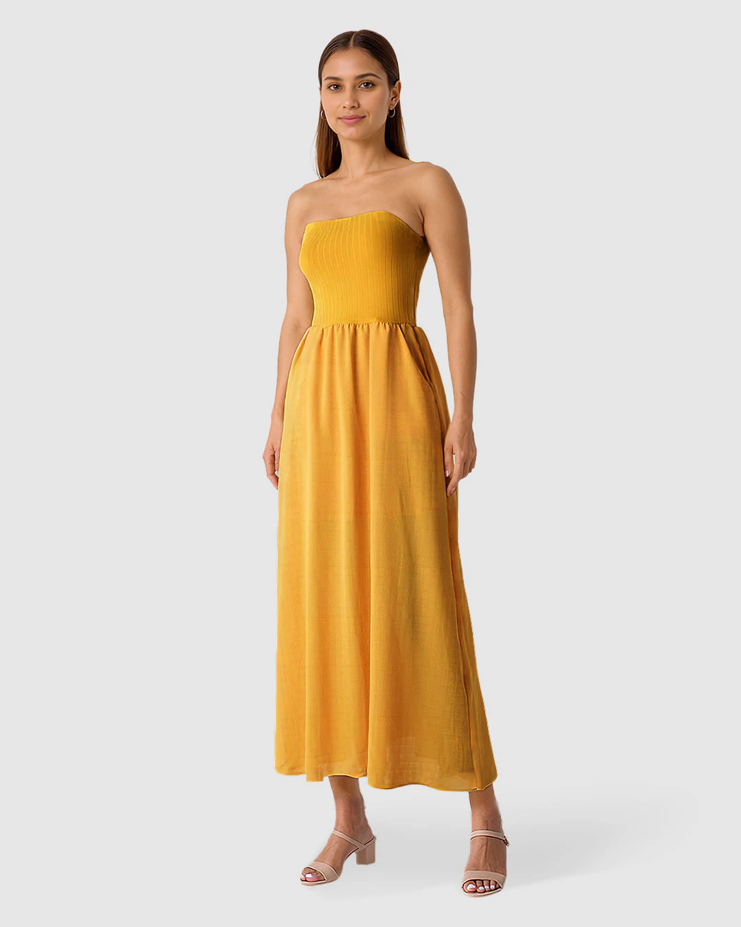Vestido Midi Feminino Amplo Sem Alças Em Tecido Mescla Viscose