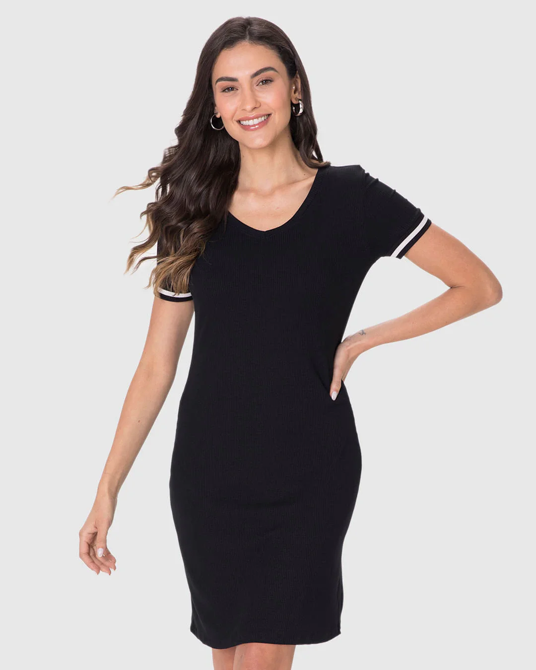 Vestido Básico Feminino Manga Retilínea Em Malha Viscose Canelada