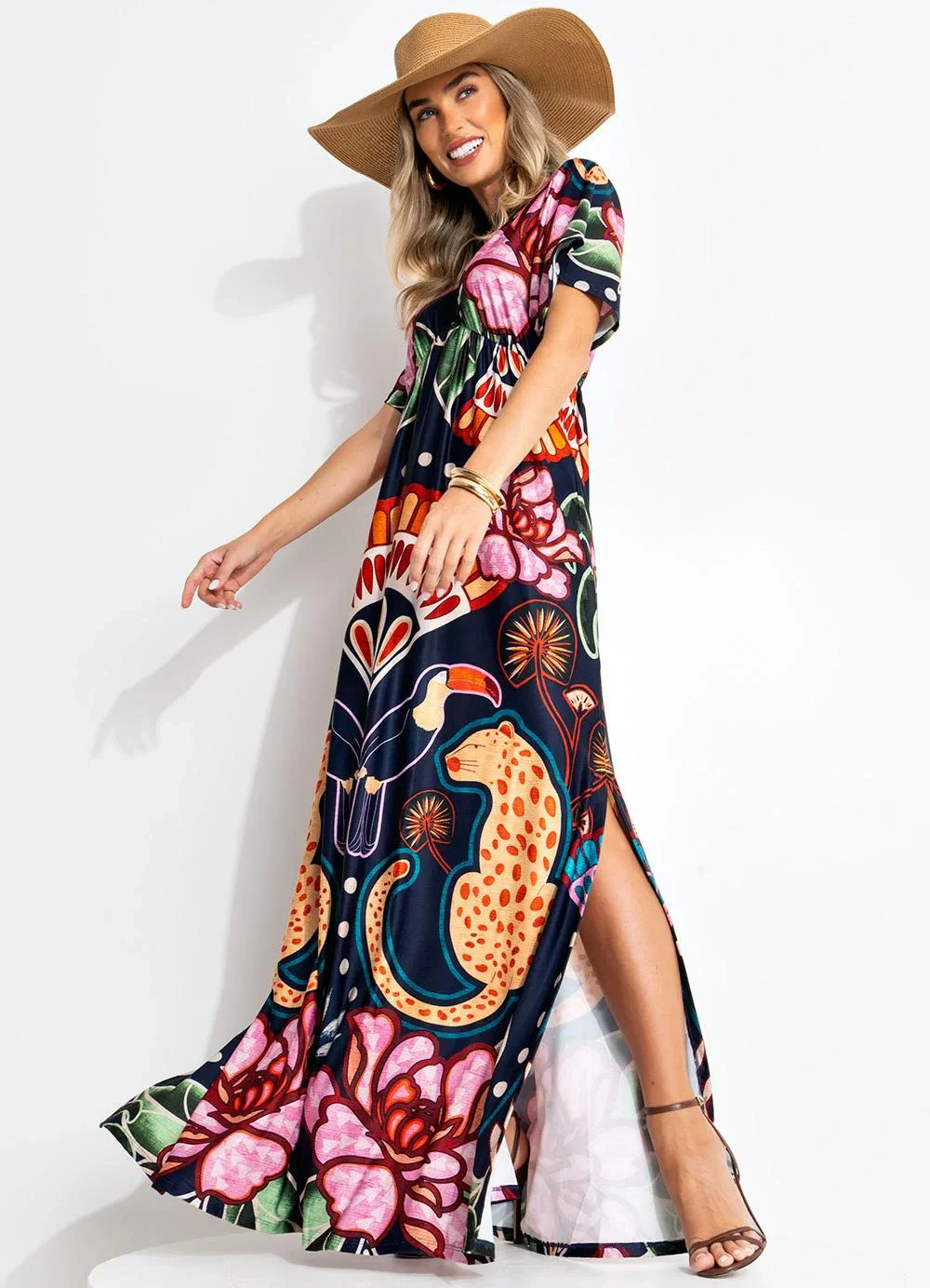 Quintess - Vestido Natural Tropical em Malha Fria
