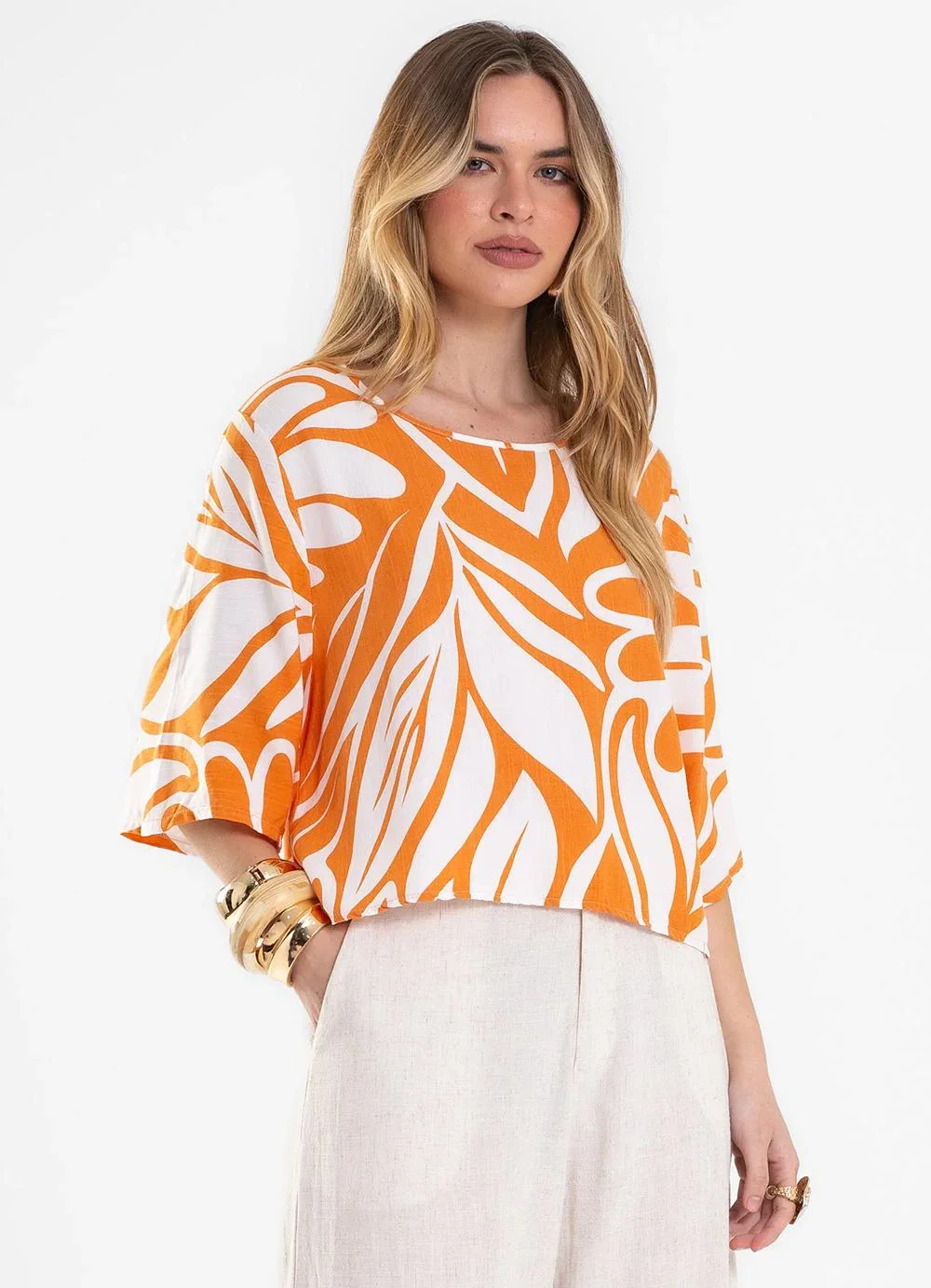 Rovitex - Blusa Feminina Estampada Viscose Laranja