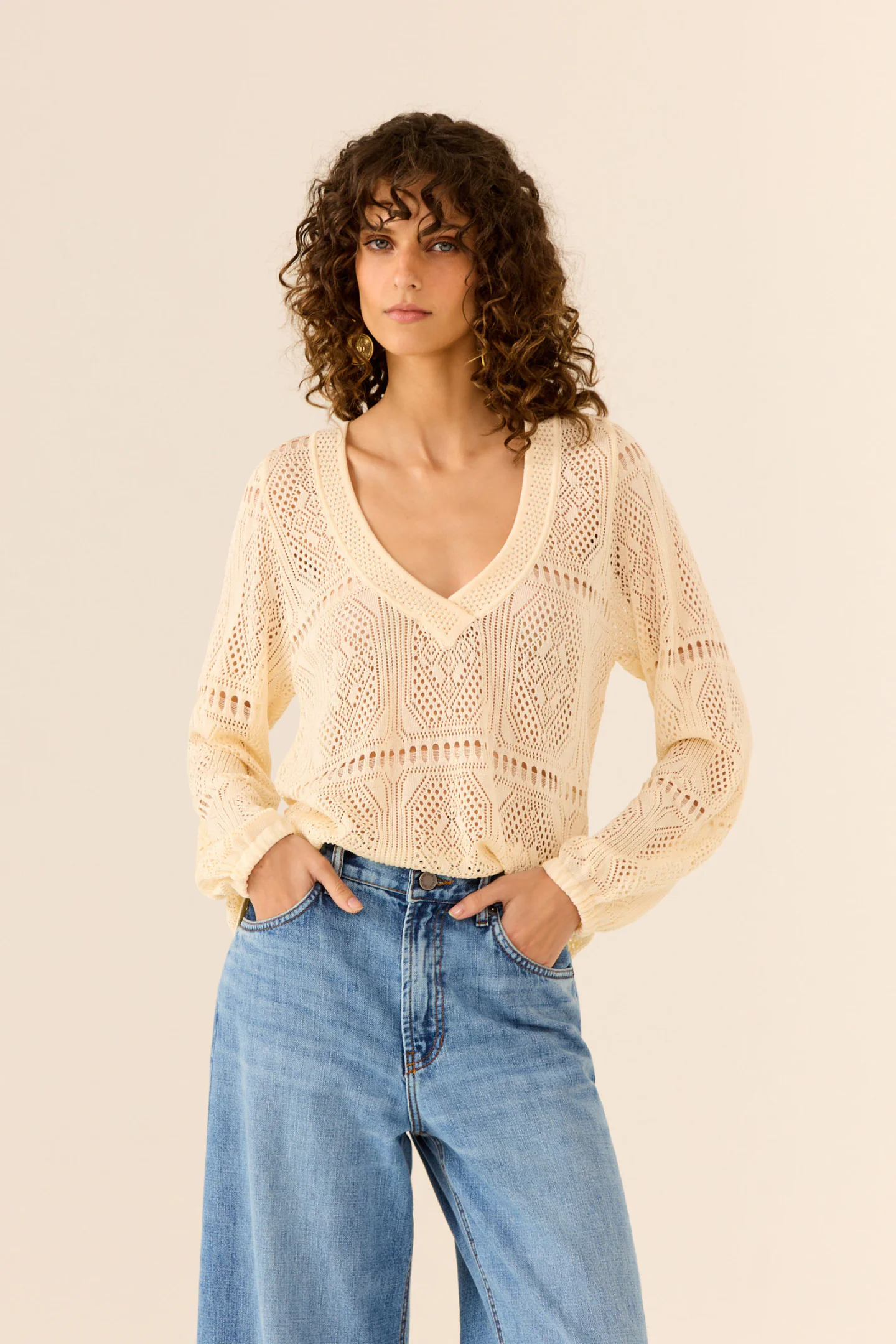 Blusa Tricot Manga Ponto Rendado