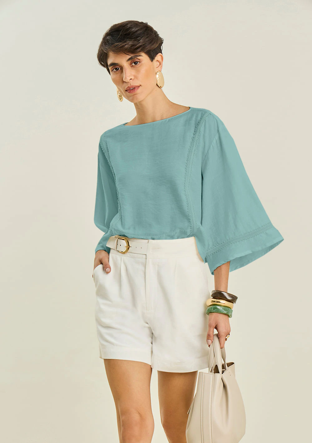 Blusa Maria.Valentina Solta Decote Careca Manga Longa Cropped Azul