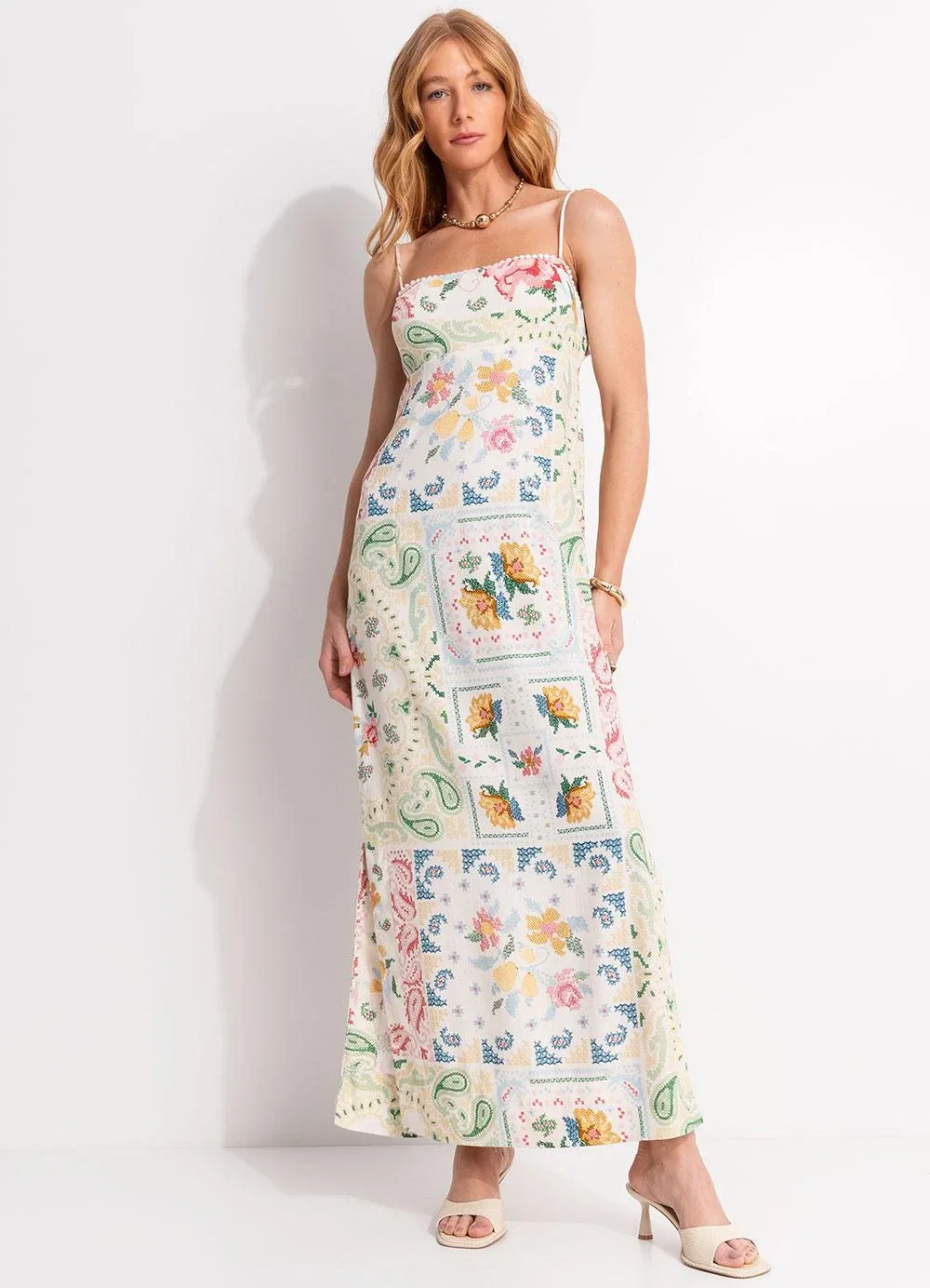 Farm - Vestido Cropped Borda Bandana Bege