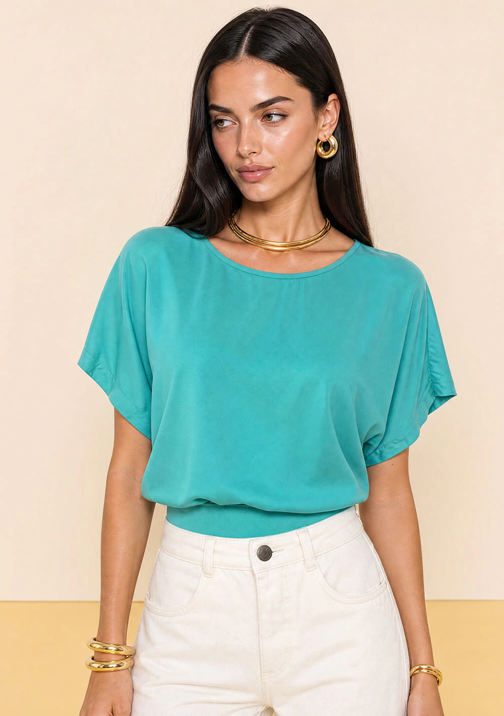 Blusa Zinco Ajustada Decote Careca Manga Curta Cropped Verde