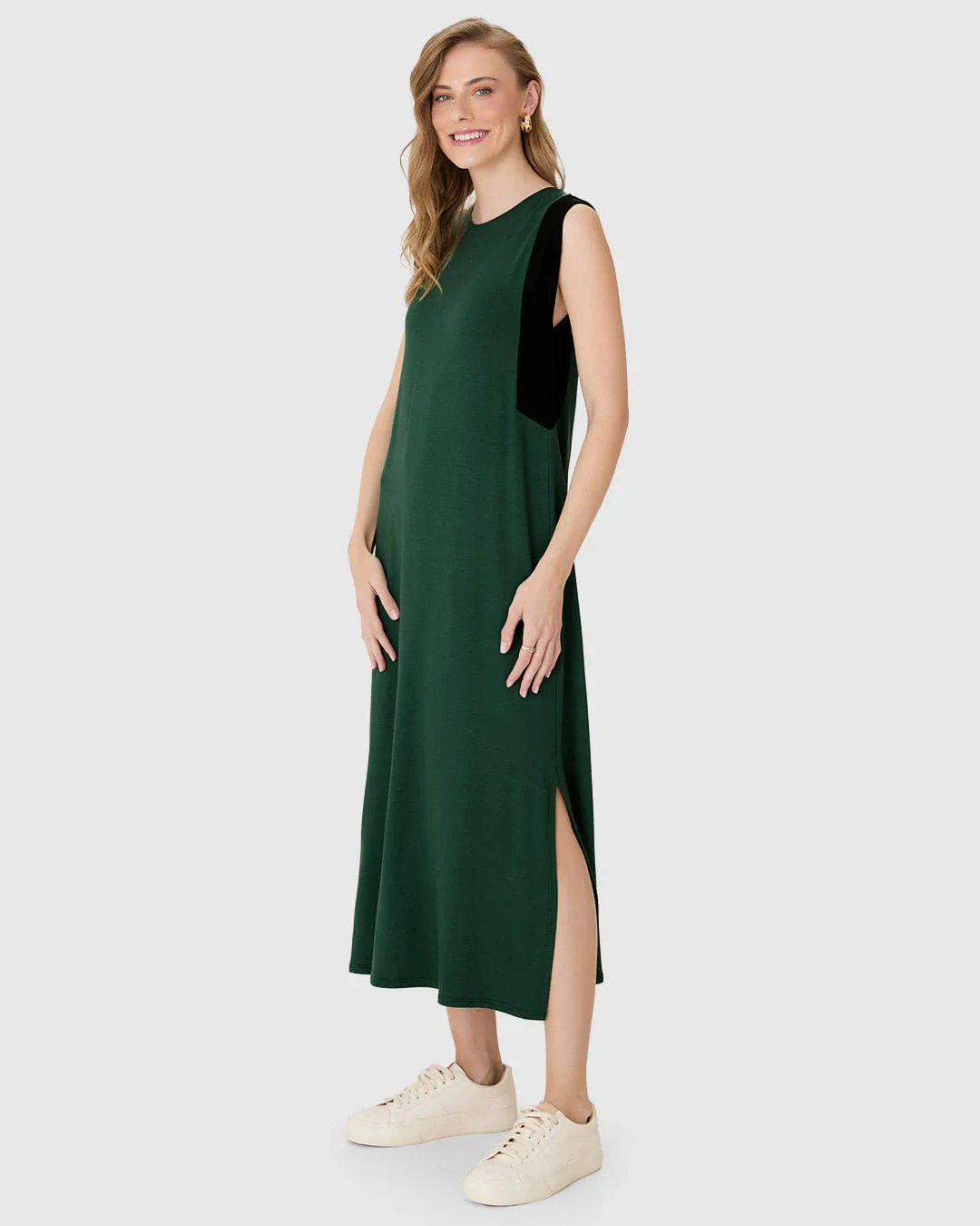 Vestido Midi Feminino Recorte Contrastante E Fenda Em Moletinho De Viscose