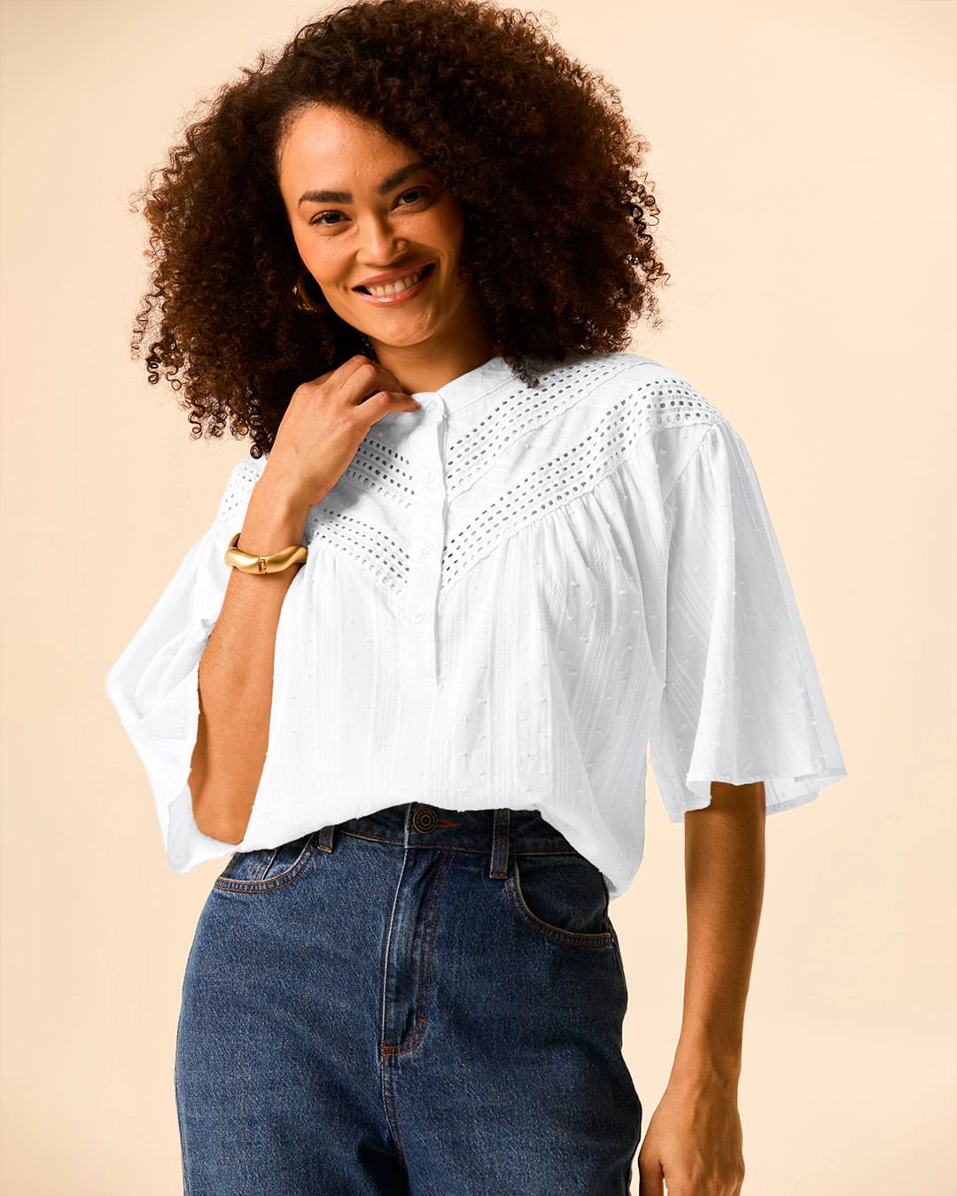 Blusa Bata Feminina Botões Frontais Manga 3/4 Em Algodão Leve