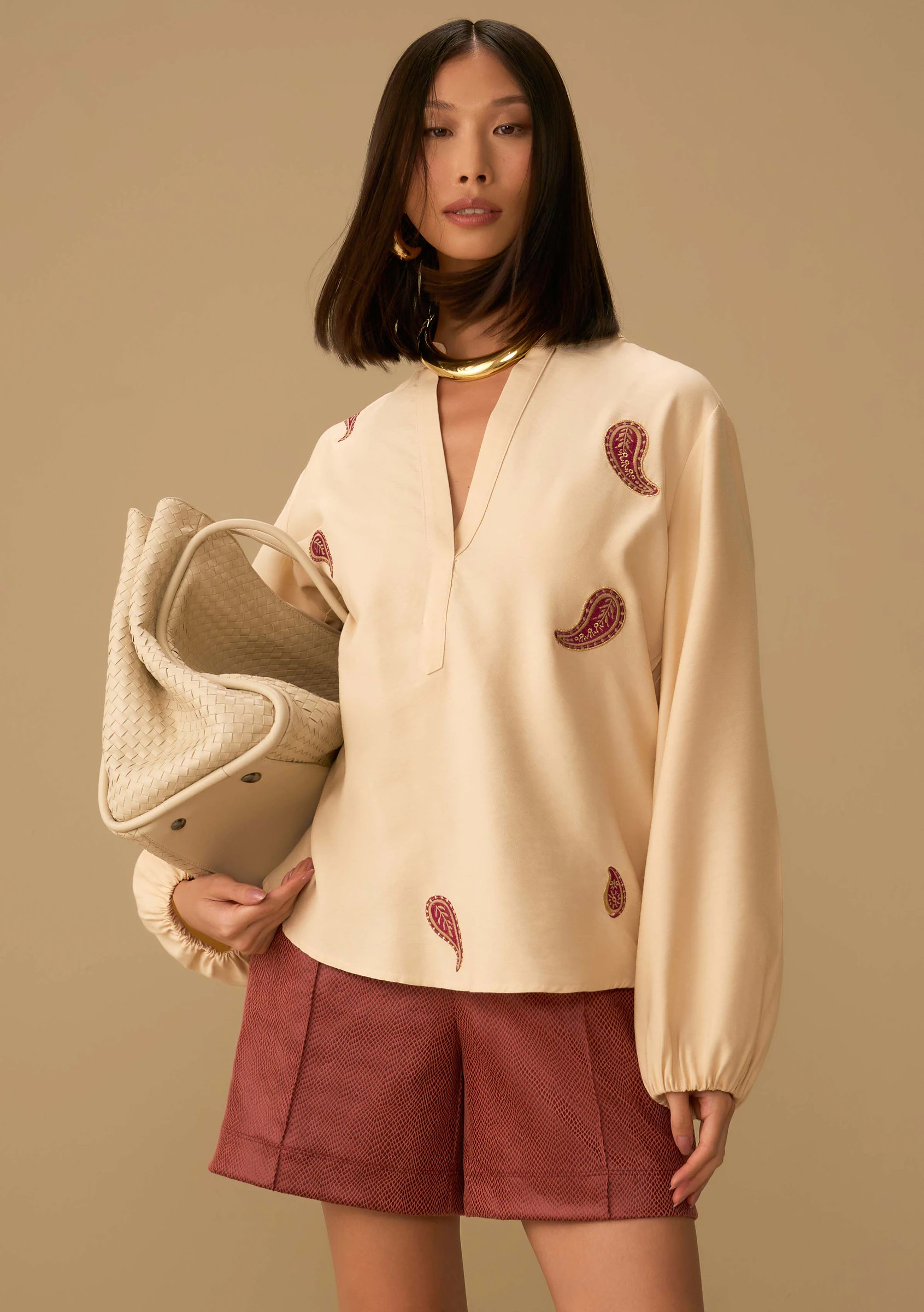 Blusa Maria.Valentina Solta Decote V Manga Longa Padrão Bege