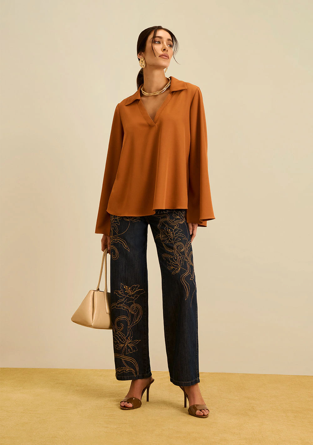 Blusa Maria.Valentina Solta Polo Manga Longa Padrão Marrom