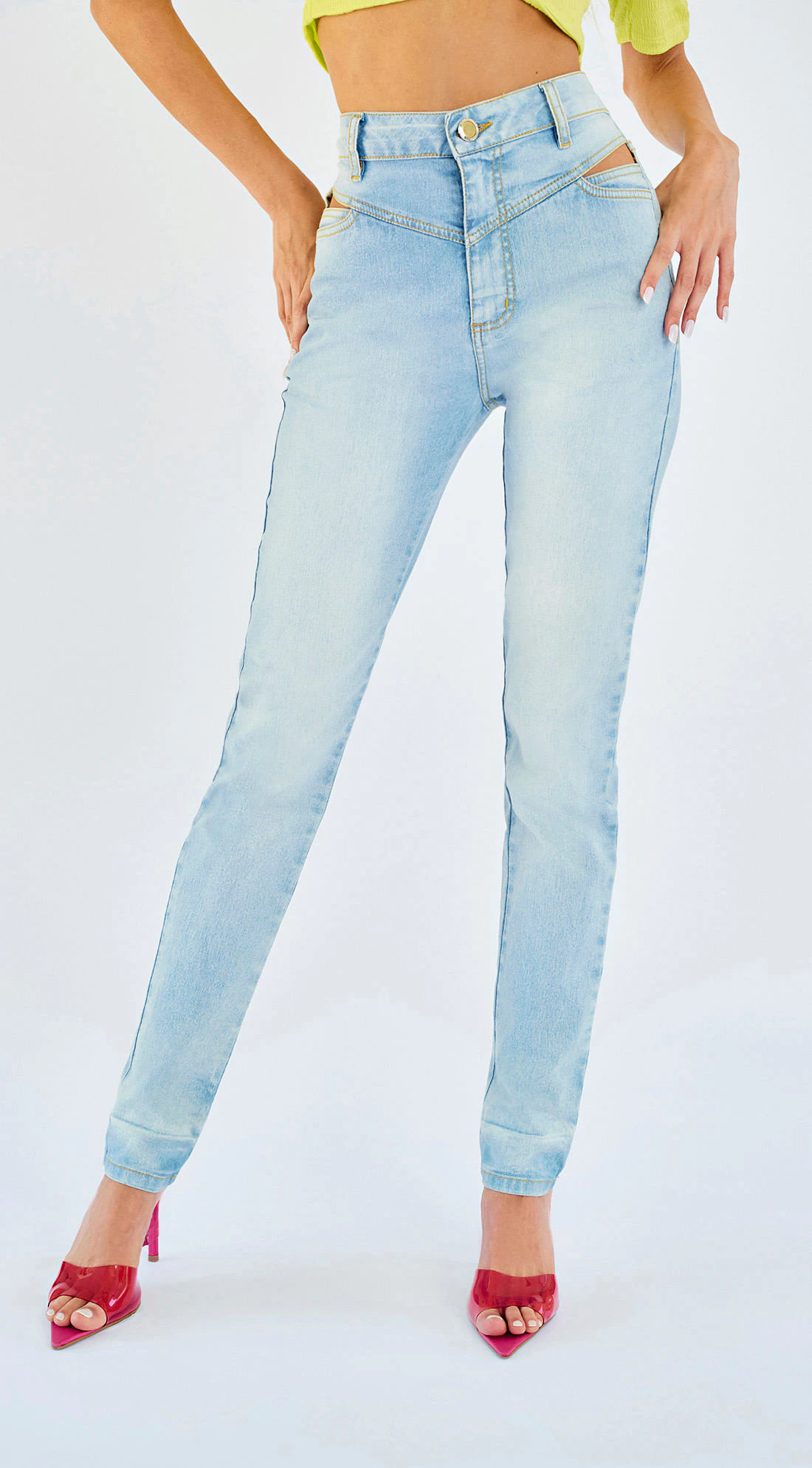 Calca Zinco Skinny Cós Alto Com Recorte Jeans