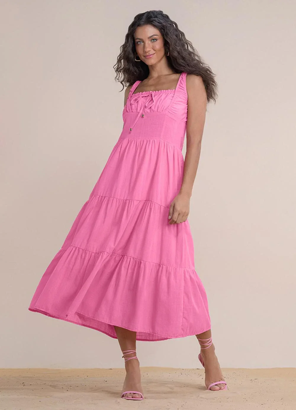 Angel - Vestido Midi Cambraia de Algodão Rosa