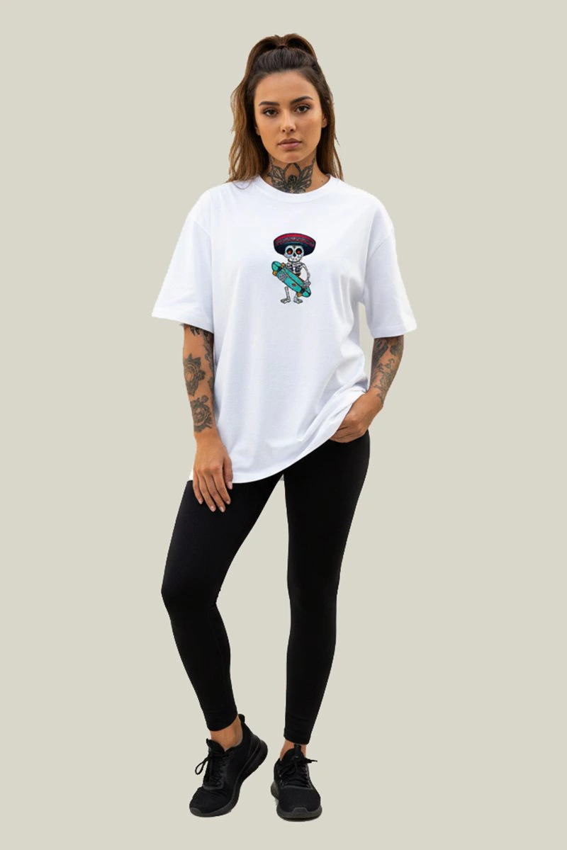 Camiseta Oversized Feminina Branca Algodão Prime Skull Skate WSS