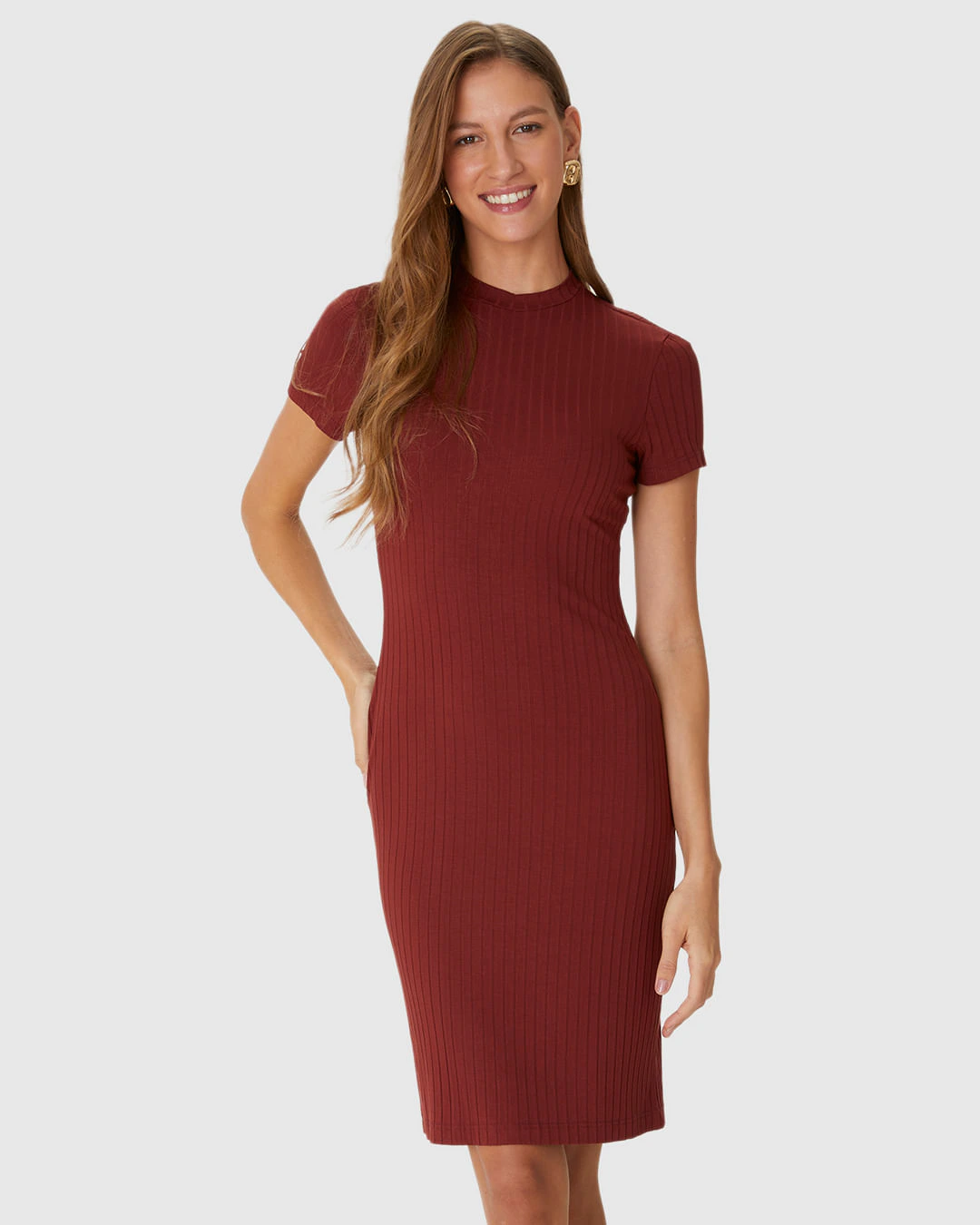 Vestido Básico Feminino Gola Alta Em Malha Canelada De Viscose