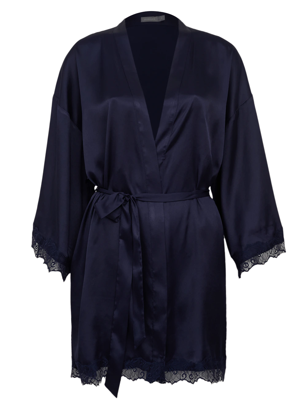 Robe Manga Curta Cetim Renda Angelina Azul Marinho
