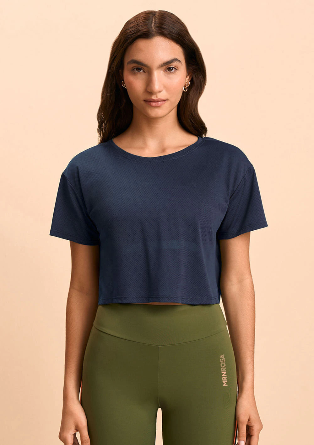 Blusa Morena Rosa Solta Decote Careca Manga Curta Cropped Azul Escuro