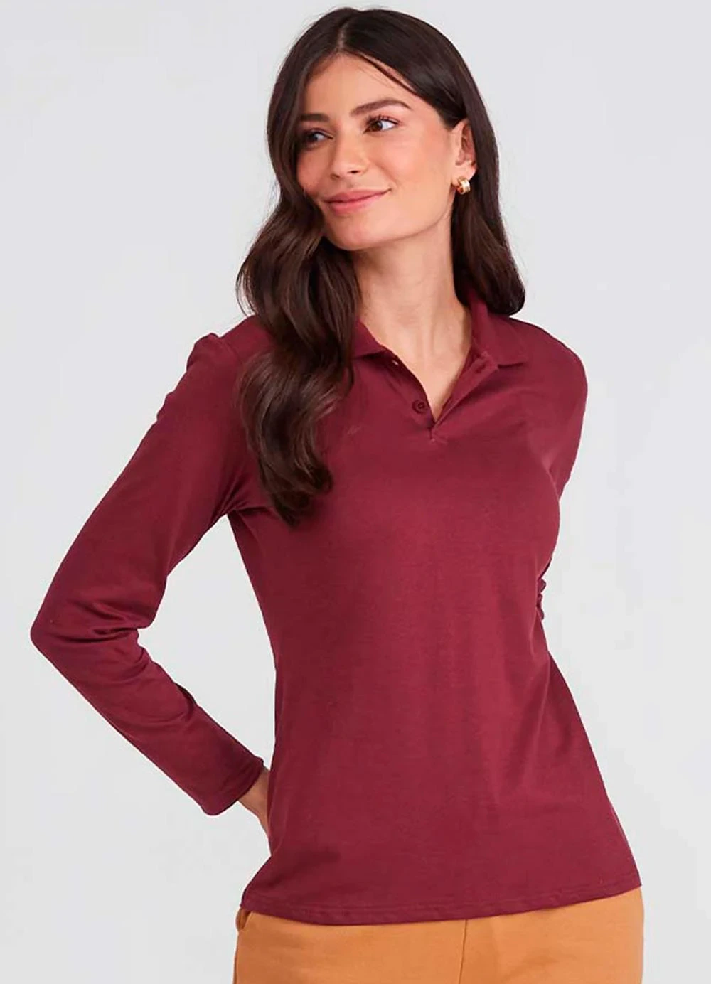 Basicamente - Camisa Polo Manga Longa Feminina Vermelho Vinho