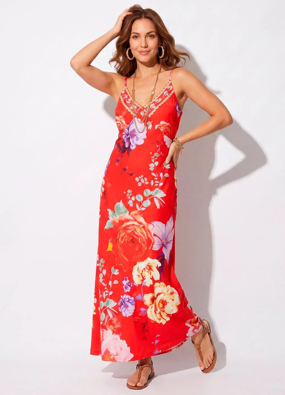 Quintess - Vestido Floral Vermelho em Crepe Plano
