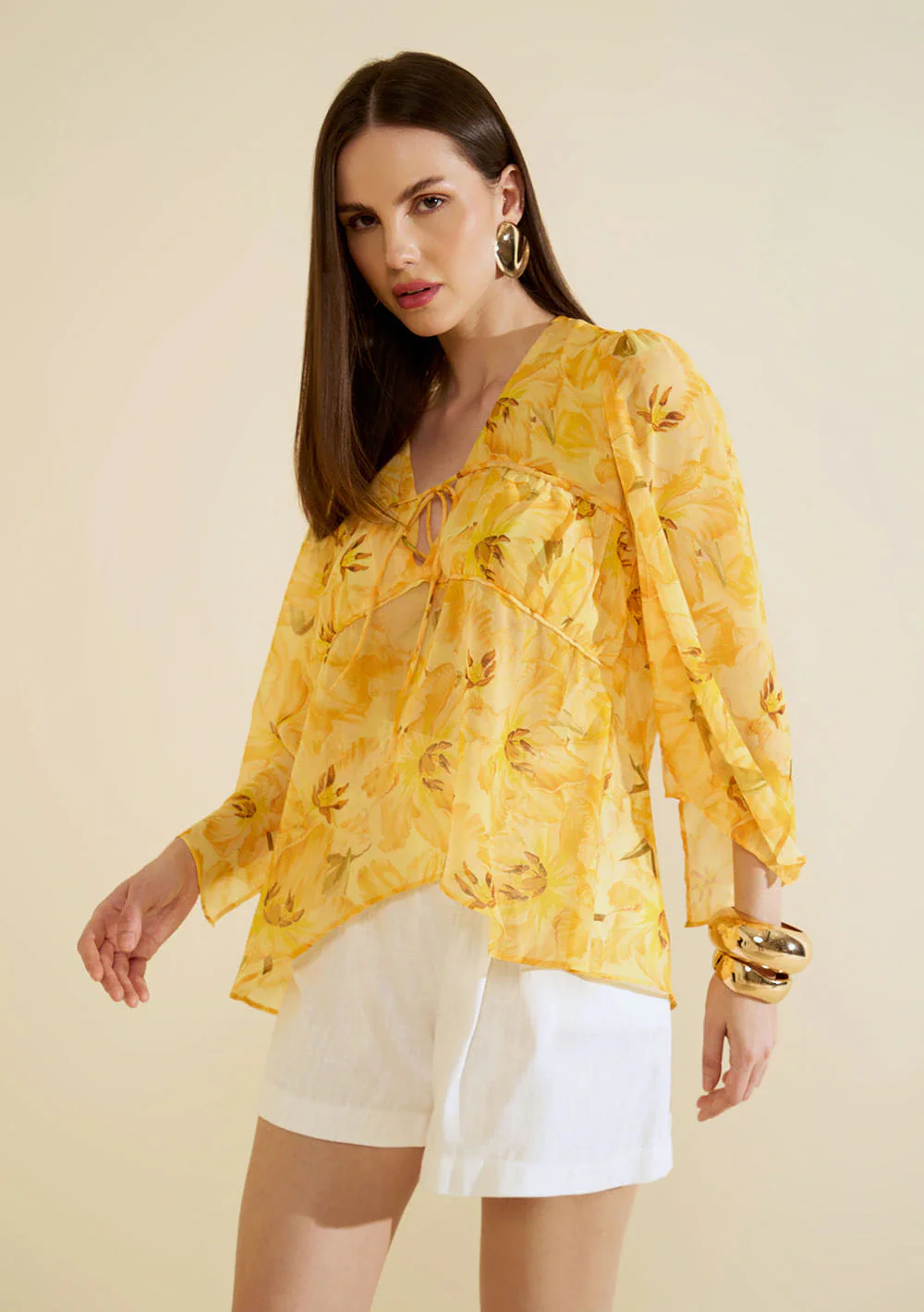 Blusa Morena Rosa Solta Decote V Manga 7 Oitavos Padrão Amarelo