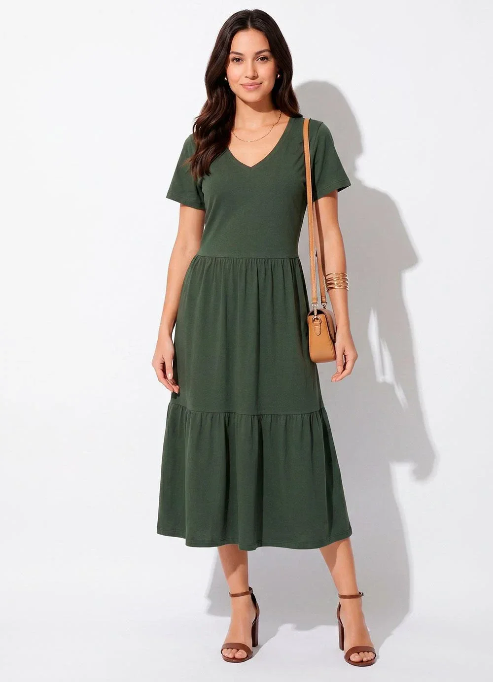 Quintess - Vestido Midi em Malha de Algodão Verde Militar