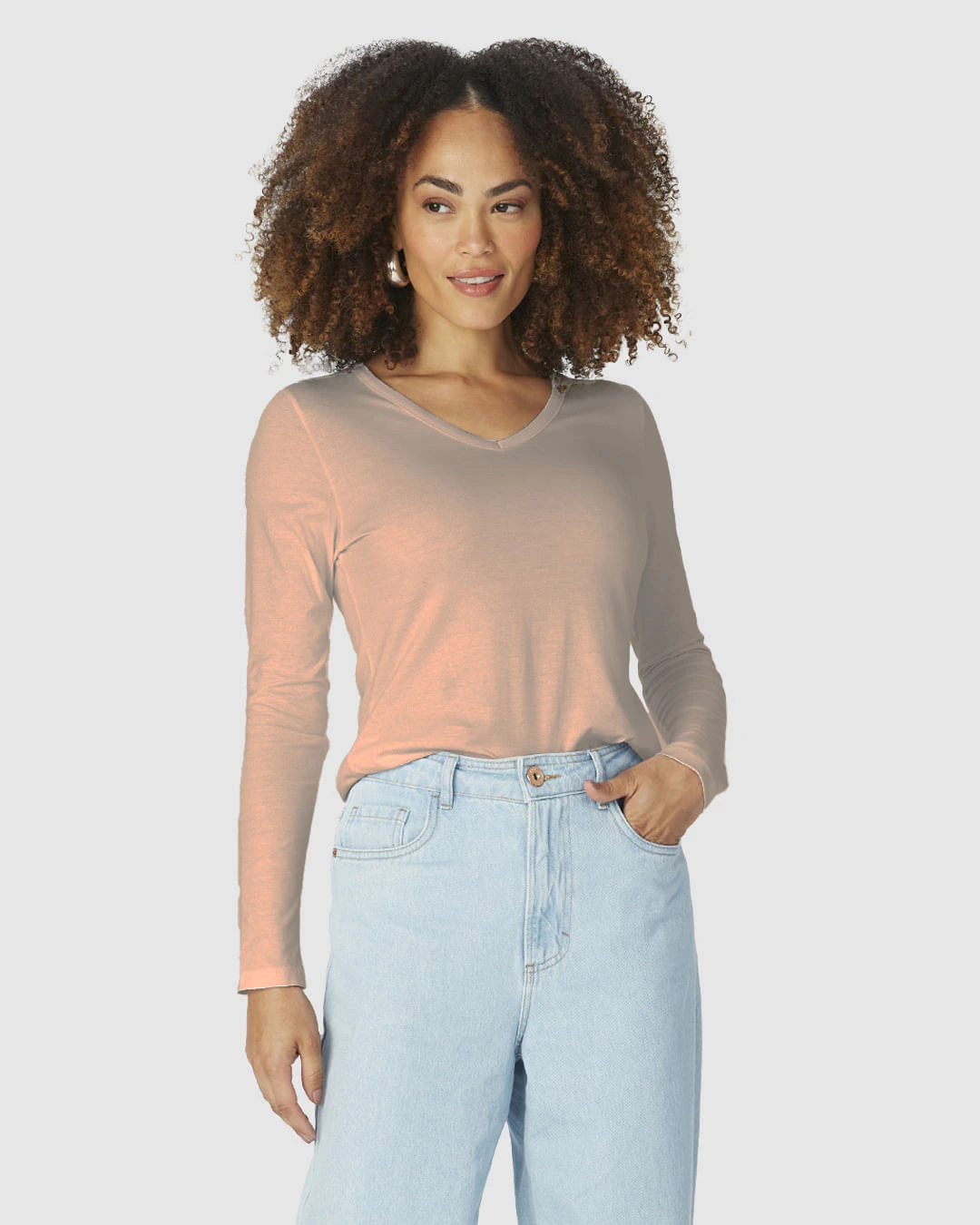 Blusa Básica Feminina Decote V Manga Longa Em Algodão