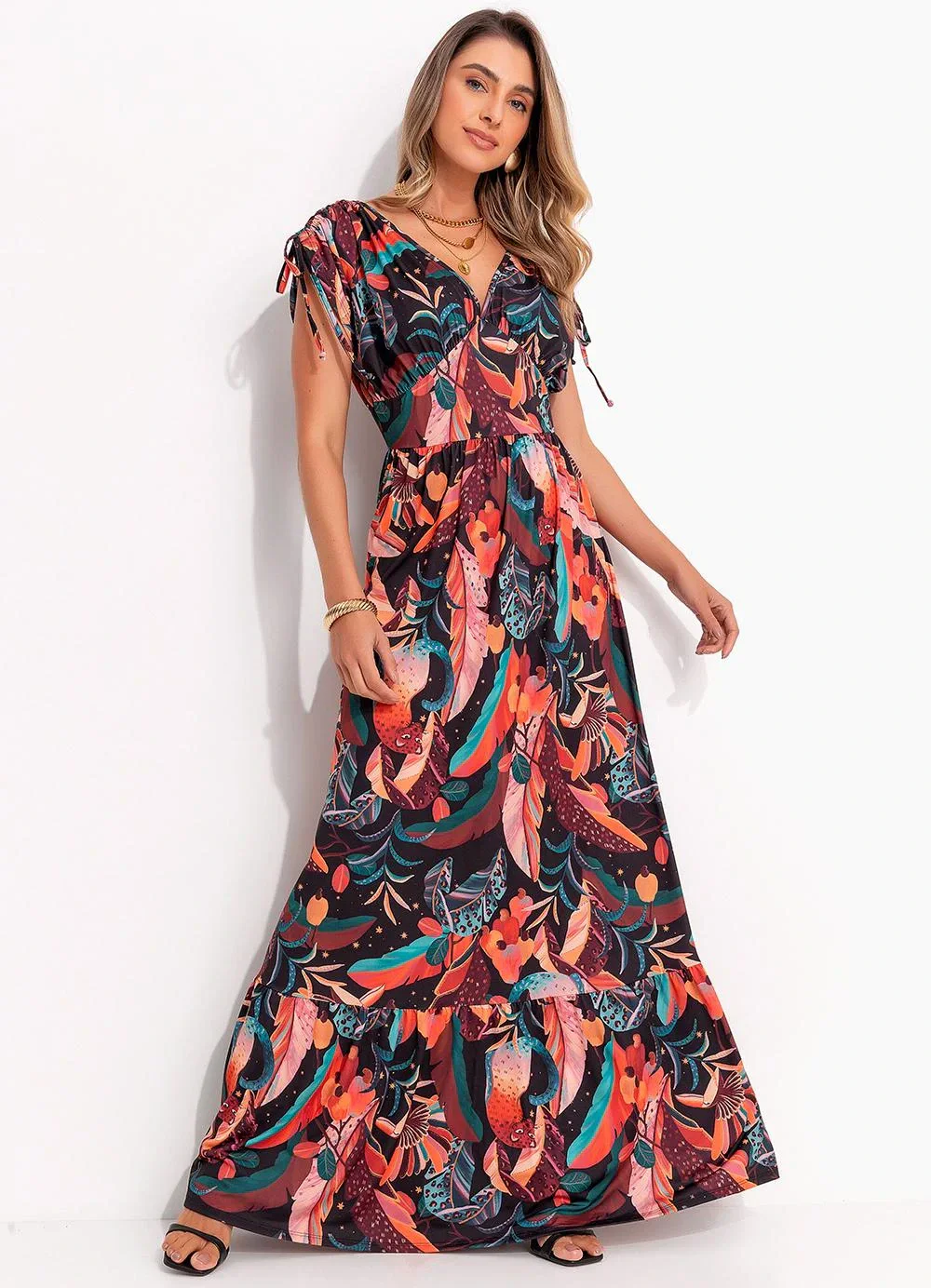 Quintess - Vestido Longo Tropical Preto com Amarrações
