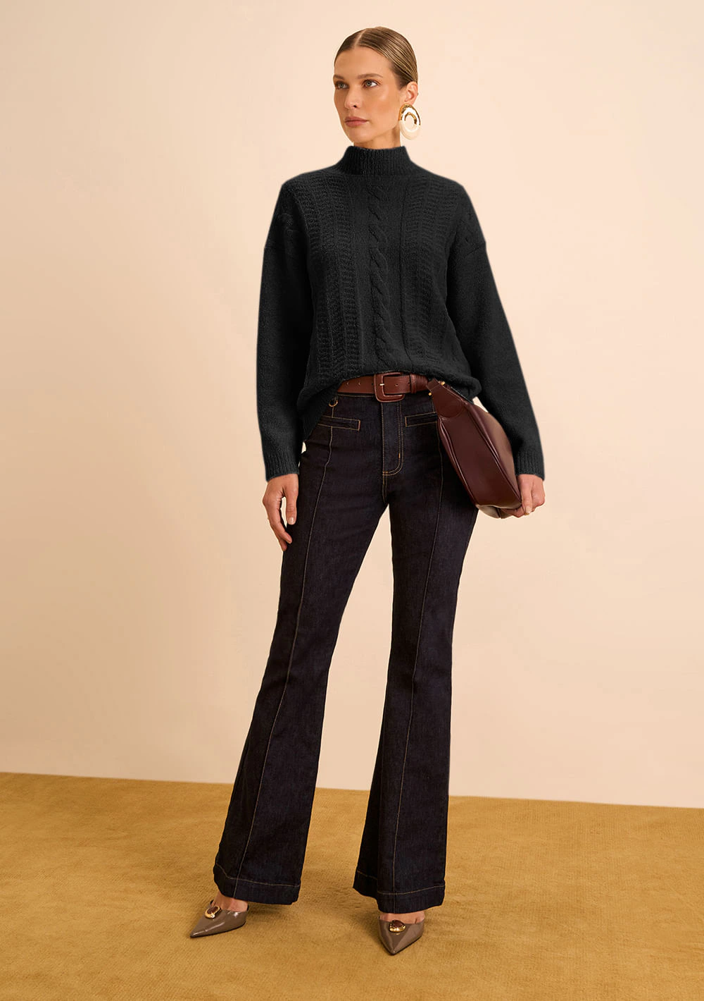 Blusa Maria.Valentina Solta Gola Alta Manga Longa Padrão Preto