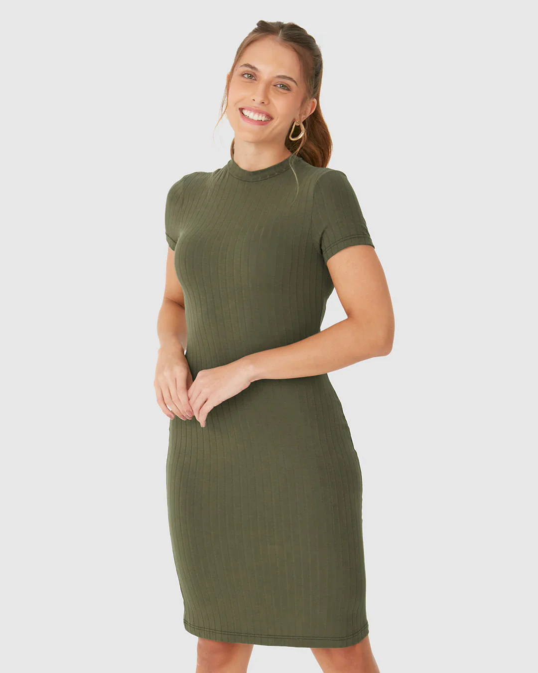 Vestido Básico Feminino Gola Alta Em Malha Canelada De Viscose