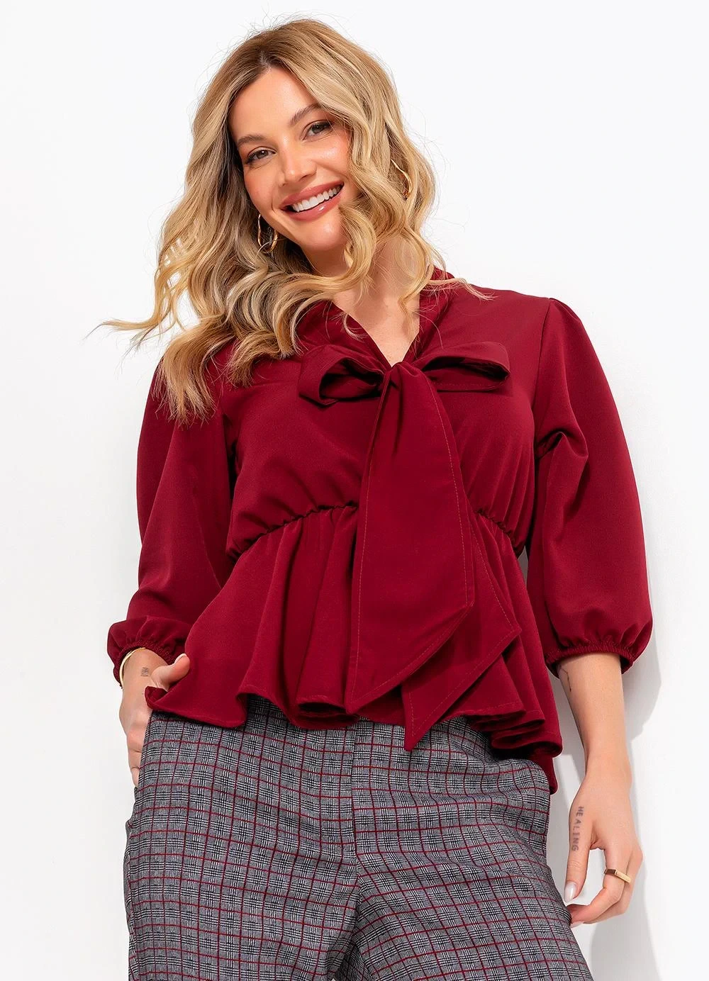 Quintess - Blusa Bordô em Crepe Plano