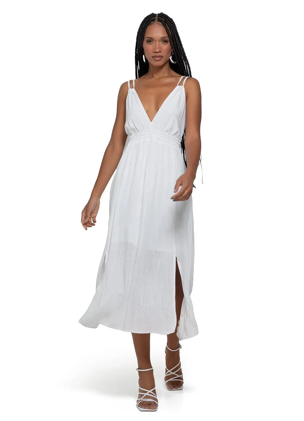 Enfim - Vestido Branco Mídi Evasê