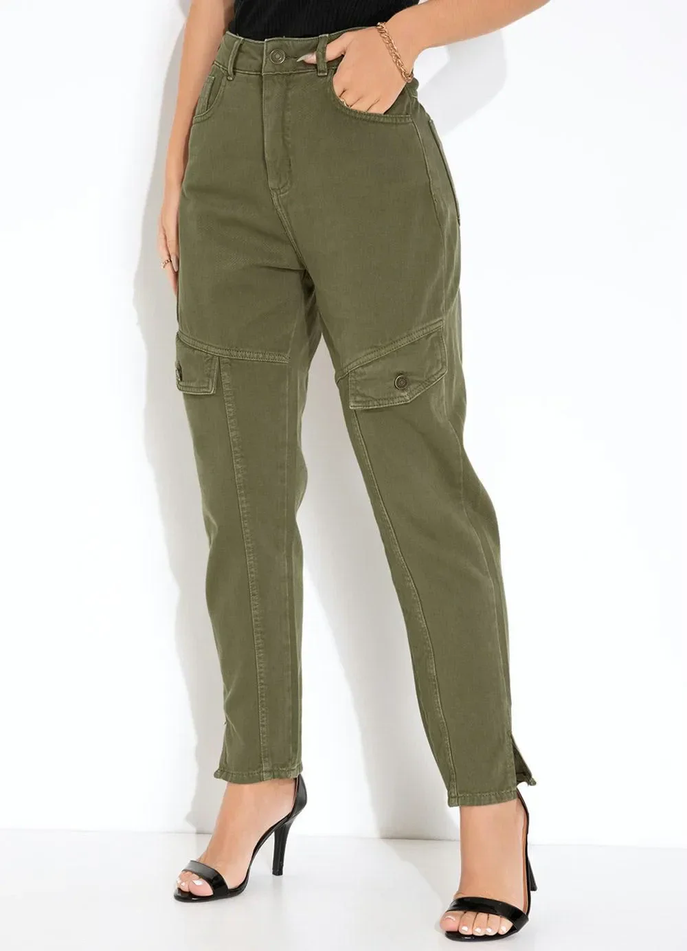 Sawary Jeans - Calça Verde Militar Mom Jeans Sawary