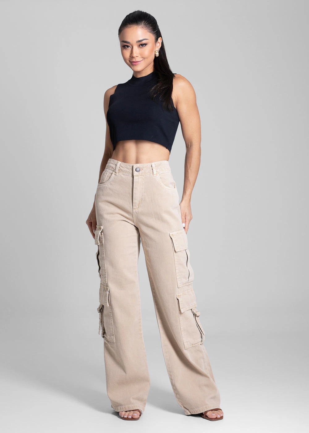 Calça Sarja Sawary Wide Leg Cargo - 282160 BEGE